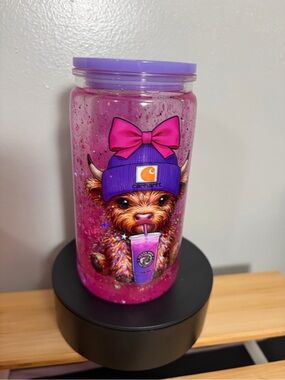 Carhartt Pink Glitter Lava 7Brew with Purple Lid and Pup Graphic